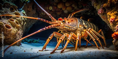 ocean, A spiny lobster with its spiky exoskeleton hiding in a dark cave as it adds an eerie element to a nightdive on the beautiful tropical island of Bonaire in the Caribbean photo