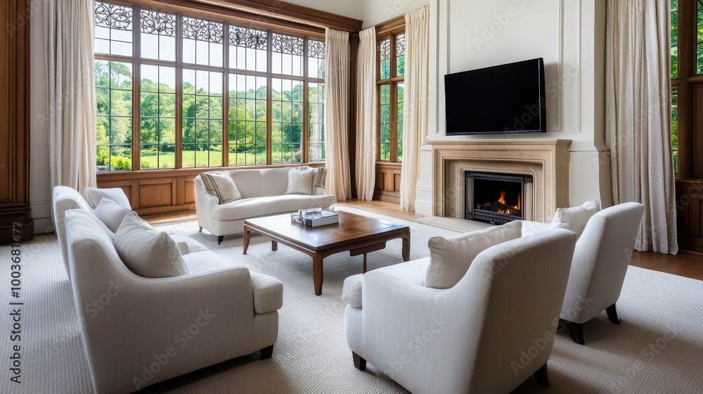 Luxurious Living Room with Fireplace and Large Windows Luxurious Living Room with Fireplace and Large Windows