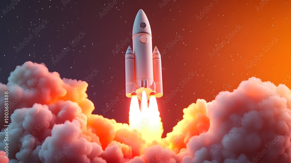 Fototapeta premium Launching new product or service. Technology development process. Space rocket launch. 3d render.