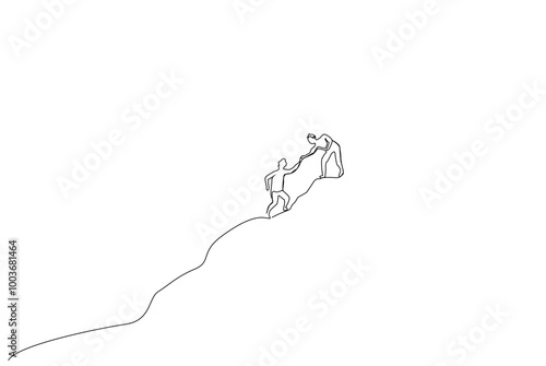 two friends together helping each other up hill and mountain one line art design vector