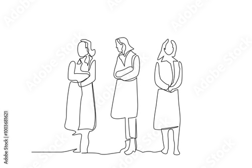 people women standing waiting boring situation full body length one line art design