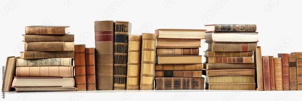 Old books in a heap on a white background. Brown leather-bound volumes stacked high. Dusty, vintage, and worn, this collection of tomes suggests a love of literature and learning. Old books in a heap on a white background. Brown leather-bound volumes stacked high. Dusty, vintage, and worn, this collection of tomes suggests a love of literature and learning.
