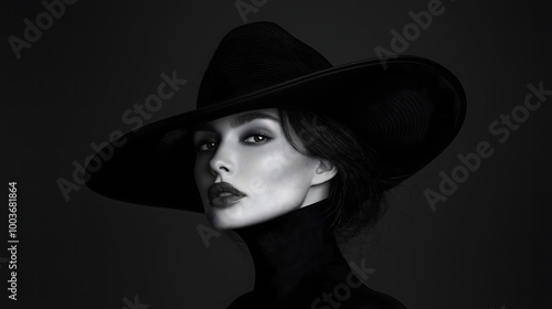 Elegant Black and White Portrait of a Woman in a Wide-Brimmed Hat, Featuring Dramatic Lighting and Classic Style, Ideal for Fashion, Beauty, and Artistic Photography Concepts
