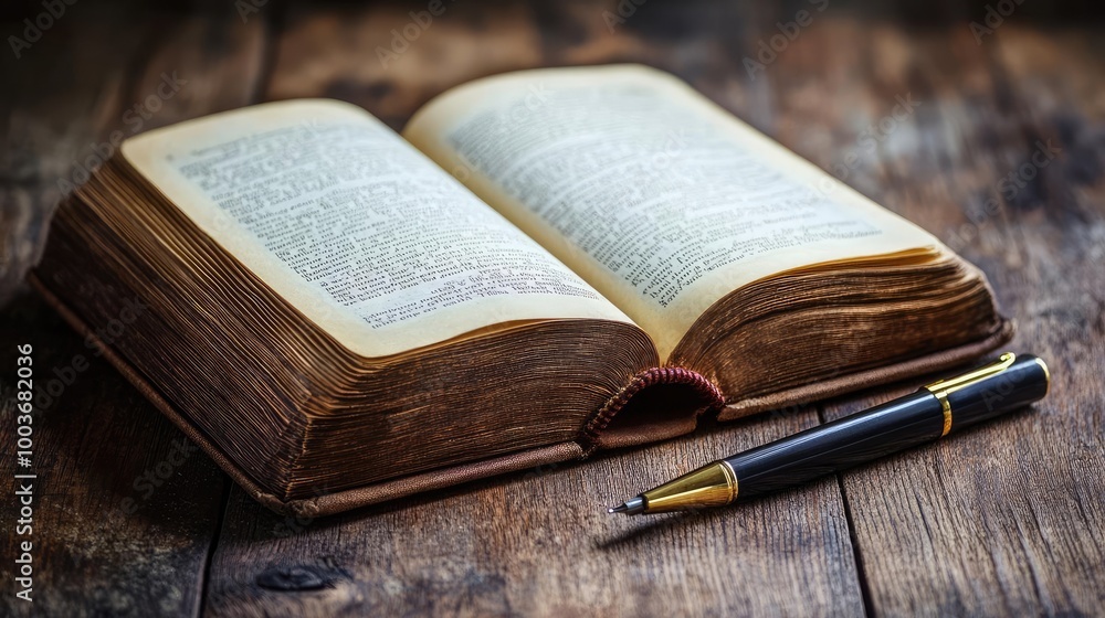 Fototapeta premium An open vintage book on a wooden surface with a pen placed beside it, symbolizing knowledge and literature.