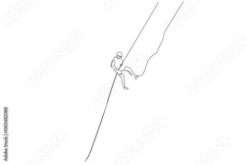 person alone mountain peak climbing rope safety equipment lifestyle extreme sport one line art design vector