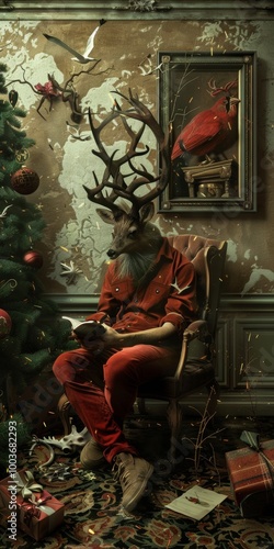 A man in a Santa suit sits in a chair in front of a Christmas tree. The man's head is a deer antlers, and he is holding a cat. The image is a creative photo