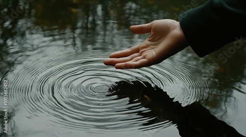 A hand gently touching the surface of calm water creating a ripple effect symbolizing peace and serenity with minimalist aesthetics