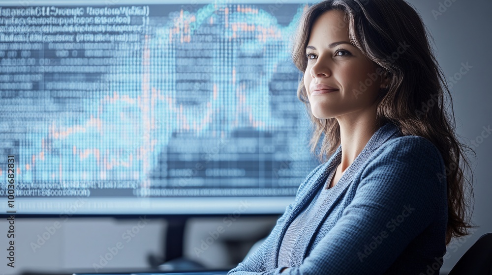 A businesswoman executive in deep thought, surrounded by floating digital interfaces showing real-time analytics and futuristic data projections, A businesswoman executive in deep thought, surrounded by floating digital interfaces showing real-time analytics and futuristic data projections,