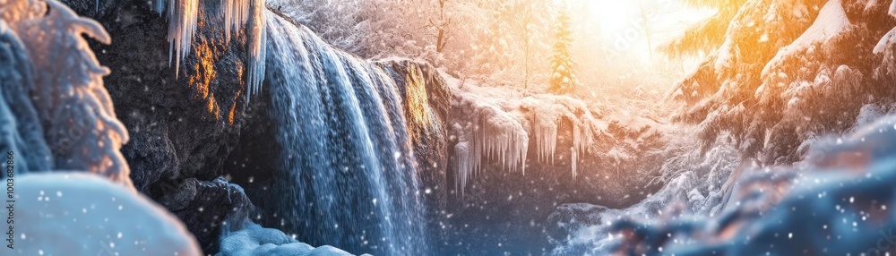 Fototapeta premium A serene winter scene featuring a majestic waterfall surrounded by snow-covered trees and soft sunlight glimmering through the ice.