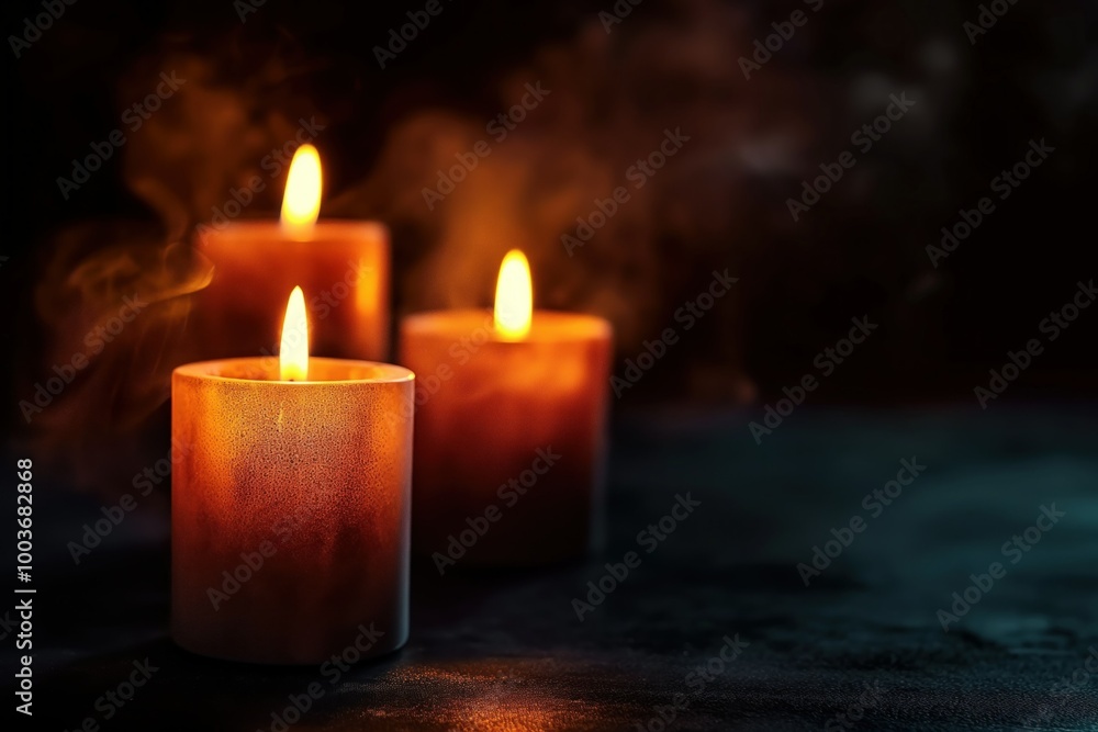 Multiple candles burning on dark background, creating warm glow. Calm and peaceful atmosphere, intimate moment of romance. Soft focus, close-up shot of flame, highlighting warmth and light. Multiple candles burning on dark background, creating warm glow. Calm and peaceful atmosphere, intimate moment of romance. Soft focus, close-up shot of flame, highlighting warmth and light.