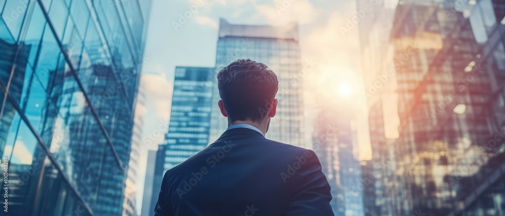 Fototapeta premium leadership, business banner background, career opportunity, businessman looking at modern office buildings 