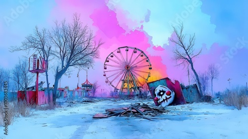 A decaying carnival with broken rides and eerie clown faces, pastel horror, watercolor, soft but unsettling color palette