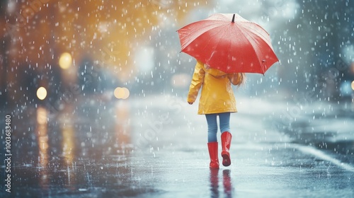 A young child dressed in a yellow raincoat and red boots walks down a rainy street, holding a red umbrella. The scene is filled with reflections and the calming atmosphere of a rainy day, evoking a