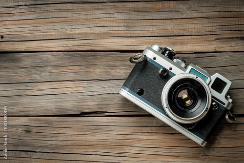 Retro camera sits on wooden plank background. Aged, classic camera with sharp lens, metal body, and leather strap. Close-up shot of vintage photography equipment on rustic wooden table.