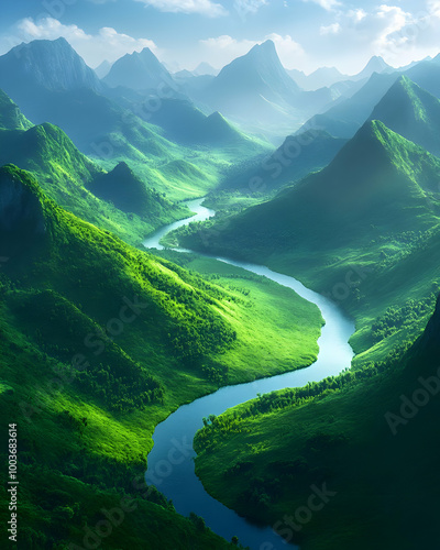 Serene Mountain River Landscape 3D Illustration photo