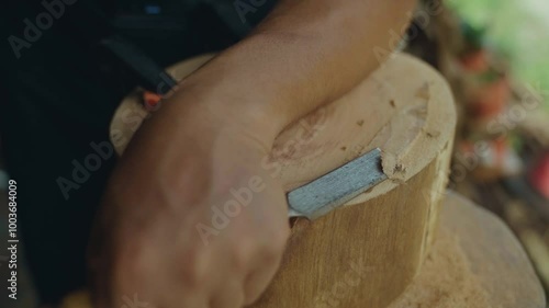 Detailed work of engraving a wood log with a chisel. Filmed in 4k 59.94 FPS