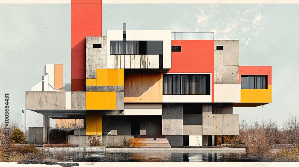 A striking modern architectural structure featuring bold colors and geometric shapes, set against a natural landscape. A striking modern architectural structure featuring bold colors and geometric shapes, set against a natural landscape.