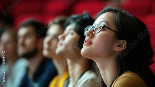 Groupmates listening to lecturer or speaker at conference photo