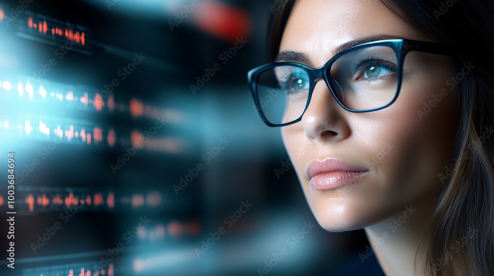 A businesswoman executive in deep thought, surrounded by floating digital interfaces showing real-time analytics and futuristic data projections, A businesswoman executive in deep thought, surrounded by floating digital interfaces showing real-time analytics and futuristic data projections,