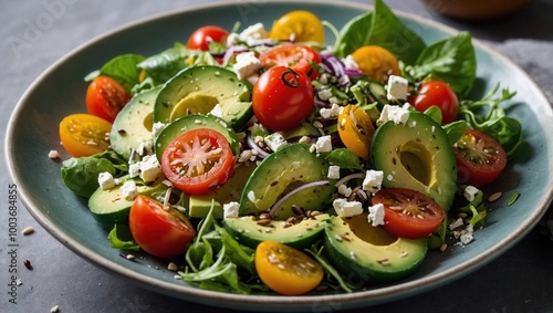 Colorful Salad with Avocado, Tomatoes, Seeds, and Greens on Dark Ceramic Plate