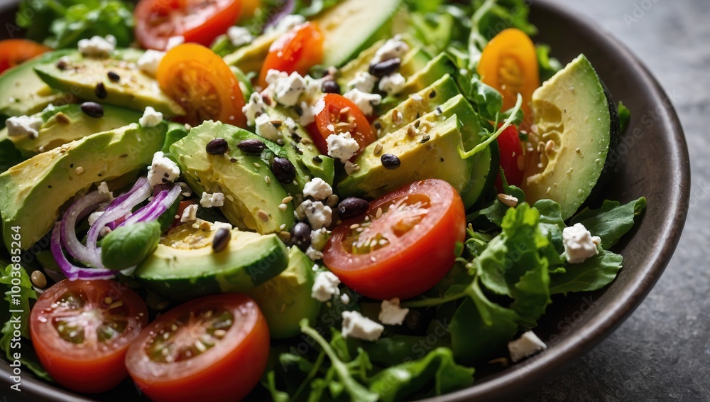 Fresh Salad with Lettuce, Tomatoes, Avocado, and Crumbled Cheese on Plate