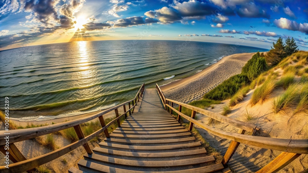 Obraz premium A stunning fisheye view of the stairway leading to the mesmerizing sea on the Curonian Spit Lithuania, view, Lithuania, Curonian Spit, mesmerizing, stunning,stairway