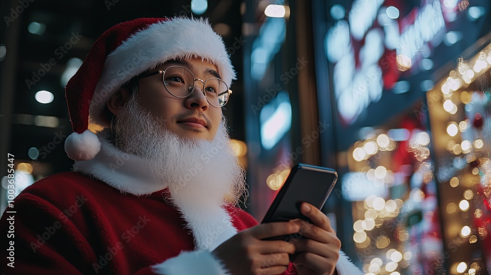 A person dressed as Santa Claus holds a smartphone, gazing thoughtfully in a festive urban setting with holiday lights. A person dressed as Santa Claus holds a smartphone, gazing thoughtfully in a festive urban setting with holiday lights.