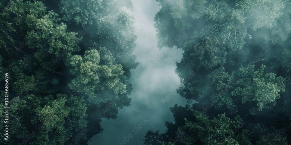 A forest with trees and fog. The trees are green and the sky is cloudy