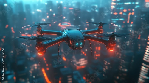 Stylized outline of a drone equipped with facial recognition technology, designed for urban security and crowd control concepts