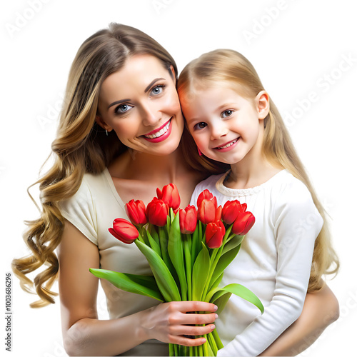 Happy woman and her adorable little daughter isolated on white background
