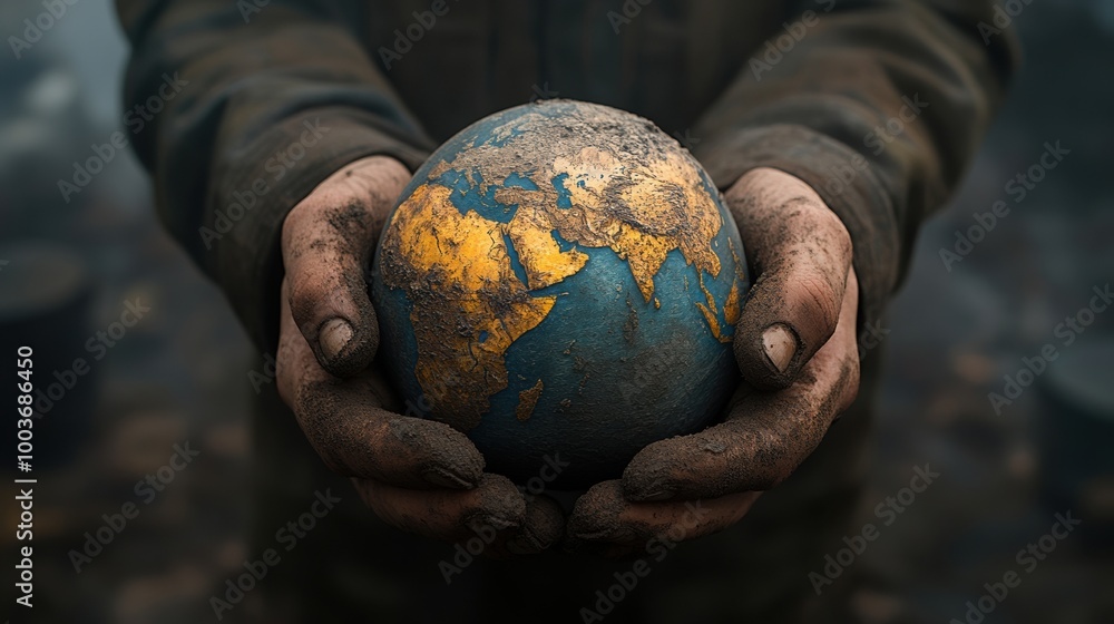 A person holding a globe, symbolizing care for the planet, with dirty hands. A person holding a globe, symbolizing care for the planet, with dirty hands.