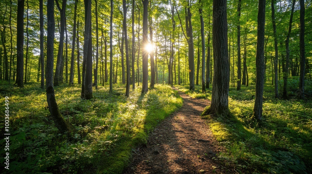 Wide-angle shot of a peaceful forest with sun-dappled trees and a well-trodden path leading Wide-angle shot of a peaceful forest with sun-dappled trees and a well-trodden path leading