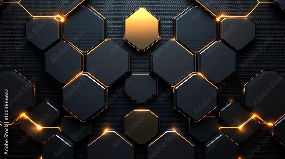 An abstract background featuring a hexagonal pattern with a sleek black surface and glowing golden accents for a modern look. An abstract background featuring a hexagonal pattern with a sleek black surface and glowing golden accents for a modern look.