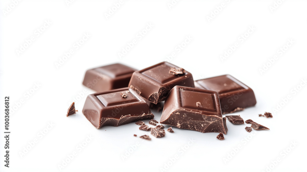 Fototapeta premium Pieces of Swiss chocolate on a white background with small crumbs scattered around