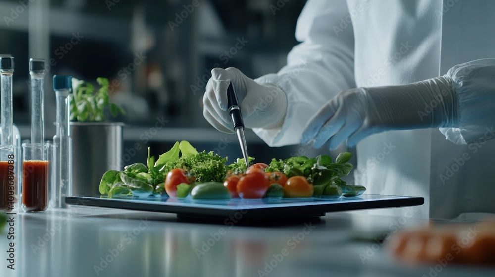 Chef preparing fresh vegetables on a plate in a modern kitchen. Chef preparing fresh vegetables on a plate in a modern kitchen.
