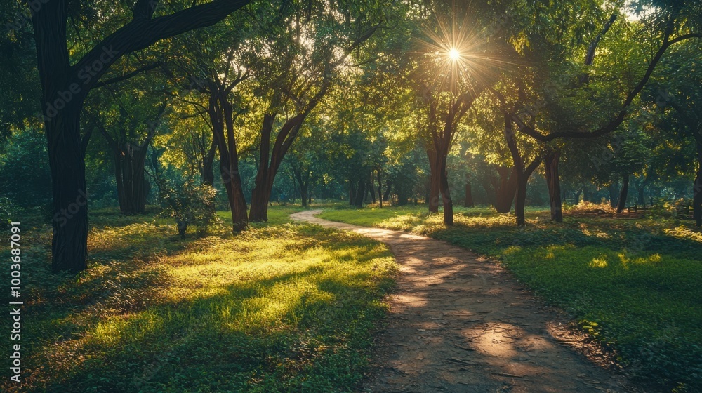 Wide-angle shot of a peaceful forest with sun-dappled trees and a well-trodden path leading Wide-angle shot of a peaceful forest with sun-dappled trees and a well-trodden path leading