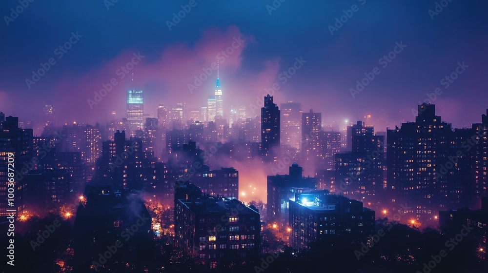 Obraz premium City skyline at night with glowing lights and misty atmosphere.