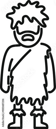 Primitive caveman wearing animal skin tunic, boots and with messy hair line icon, prehistoric symbol, vector sign on white background