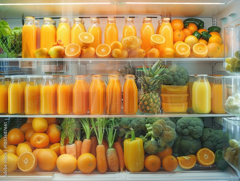 Vibrant fridge interior with neatly arranged bottles of orange juice and fresh citrus fruits, following a fridgescaping design that emphasizes healthy produce and an organized, visually appealing setu Vibrant fridge interior with neatly arranged bottles of orange juice and fresh citrus fruits, following a fridgescaping design that emphasizes healthy produce and an organized, visually appealing setu