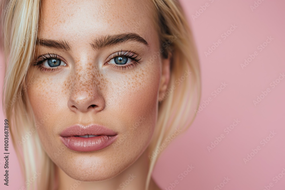 Obraz premium Close-up of young Caucasian woman with freckles isolated on pink background. Beautiful blonde model with healthy glowing skin. Facial beauty care and make-up details