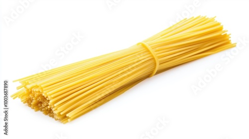 A stack of spaghetti on a white background