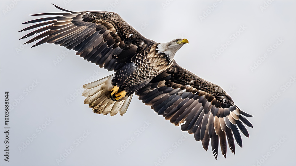 Obraz premium Majestic eagle with outstretched wings gliding above the clouds in a graceful, regal manner.