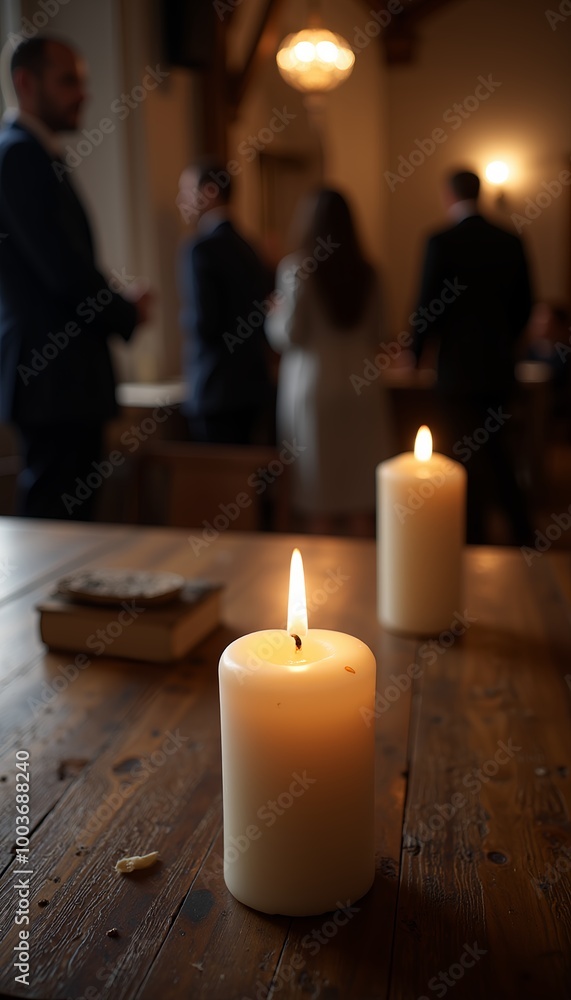 Flickering flame of a mournful candle illuminating a rustic wooden table in a solemn funeral setting. Flickering flame of a mournful candle illuminating a rustic wooden table in a solemn funeral setting.