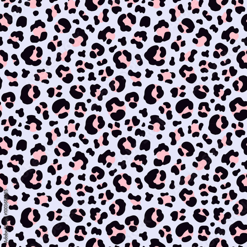 bold and vibrant leopard seamless pattern in pink and black on a lavender background. Perfect for fashion, home decor, or any project needing a trendy and eye-catching design
