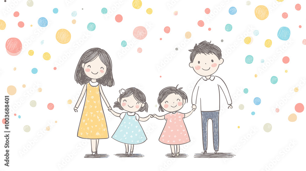 Happy Family With Children Against Colorful Polka Dot Background With Copy Space Happy Family With Children Against Colorful Polka Dot Background With Copy Space