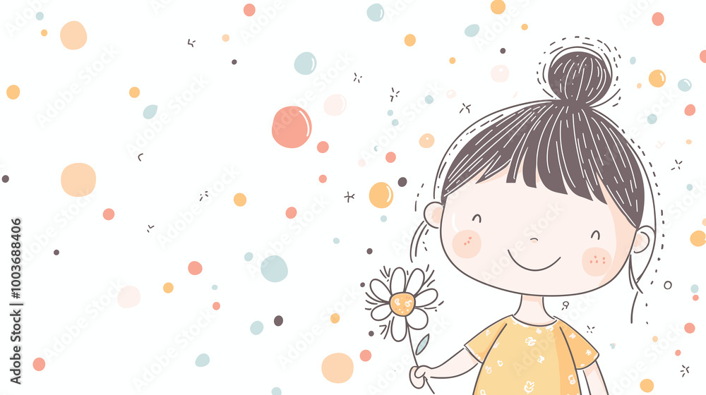 Smiling Girl Holding Daisy Flower Against Colorful Polka Dot Background With Copy Space Smiling Girl Holding Daisy Flower Against Colorful Polka Dot Background With Copy Space