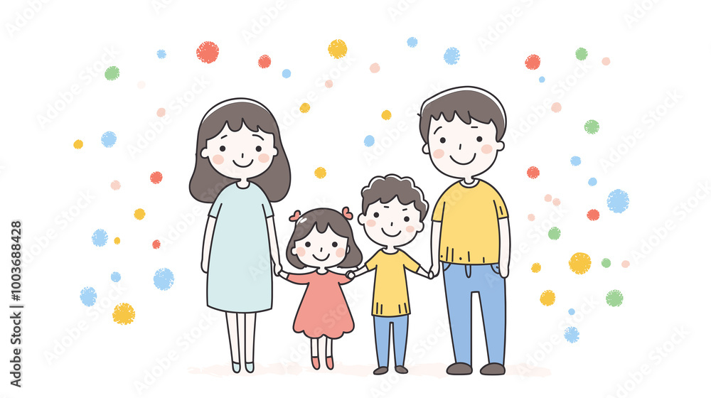 Happy Family With Children Against Colorful Polka Dot Background With Copy Space Happy Family With Children Against Colorful Polka Dot Background With Copy Space