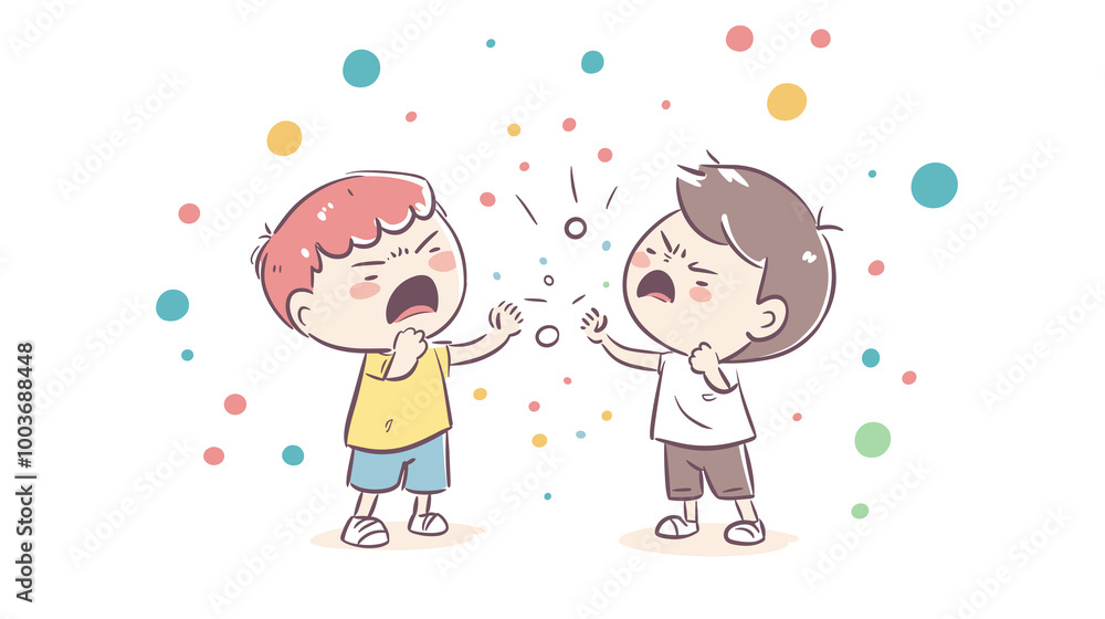 Two Boys Arguing Against Colorful Polka Dot Background With Copy Space Two Boys Arguing Against Colorful Polka Dot Background With Copy Space
