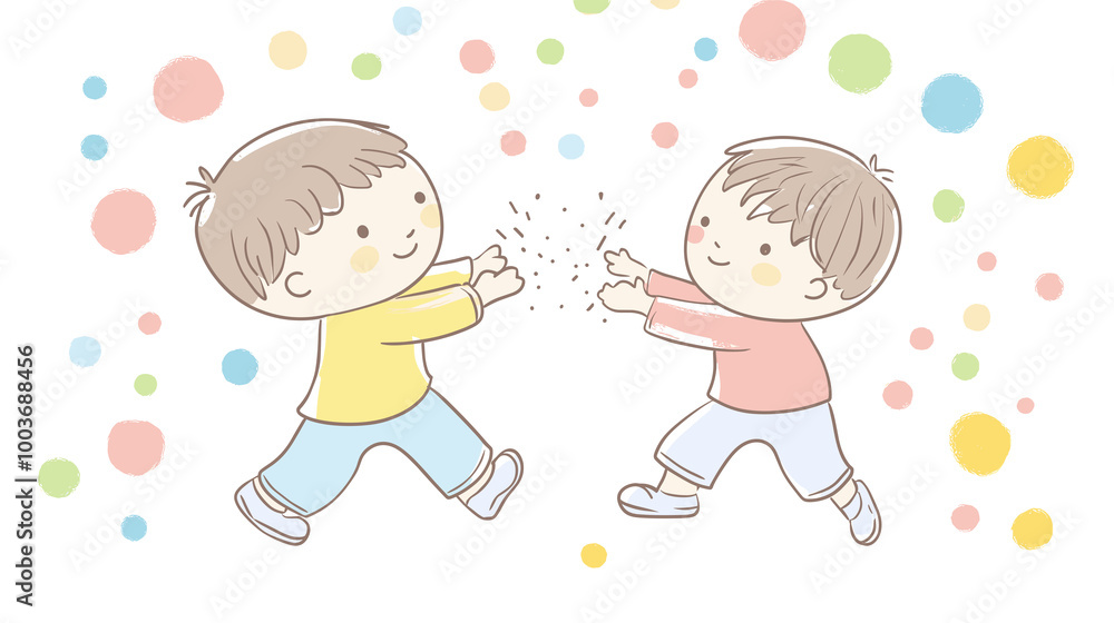 Two Cheerful Boys High-Fiving Against Colorful Polka Dot Background With Copy Space Two Cheerful Boys High-Fiving Against Colorful Polka Dot Background With Copy Space