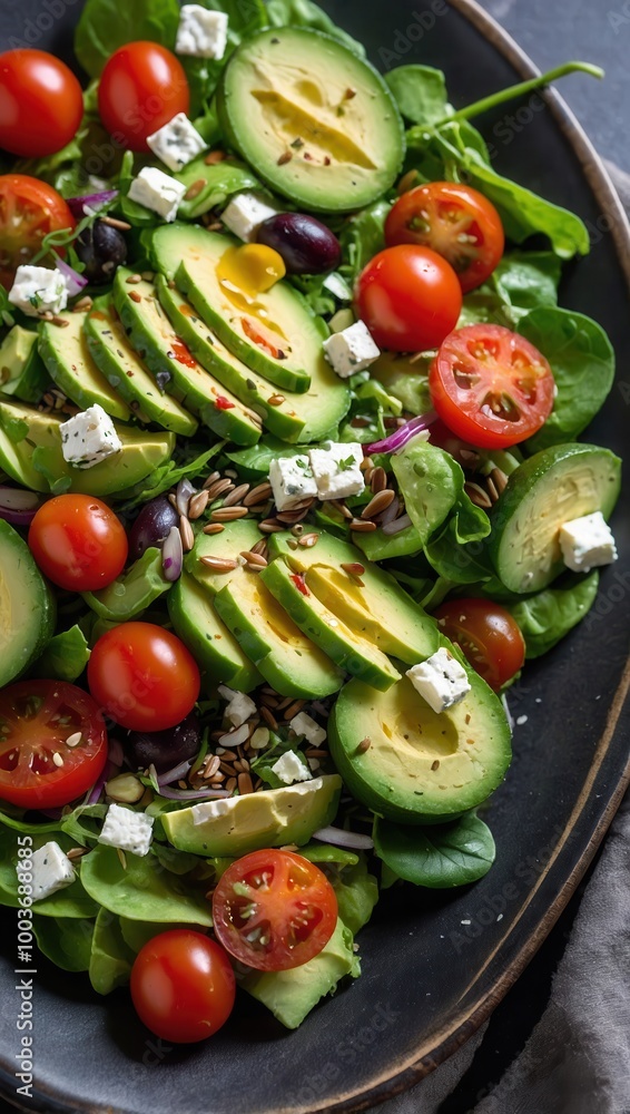 Vibrant Salad with Avocado, Tomatoes, and Crumbled Cheese on Black Plate Vibrant Salad with Avocado, Tomatoes, and Crumbled Cheese on Black Plate